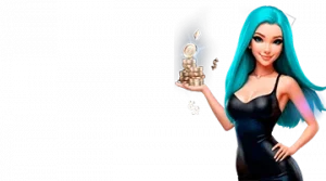 Изображение женского персонажа, держащего стопку монет, рекламирующего приветственный бонус в онлайн-казино Gizbo в игривом и привлекательном стиле.